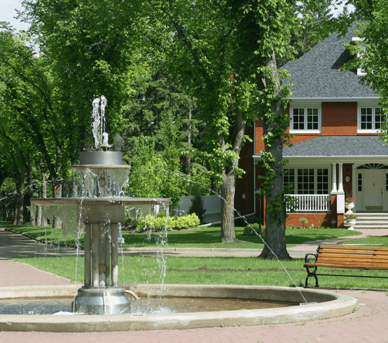 house and a fountain